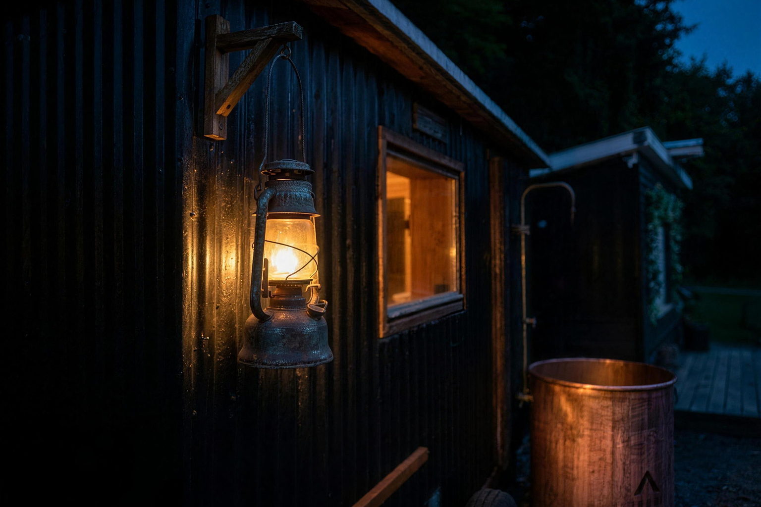 Sauna i Risskov set udefra i blåtimen — tændt petroleumslanterne på det sorte bølgeblik med kobberkarret bagved