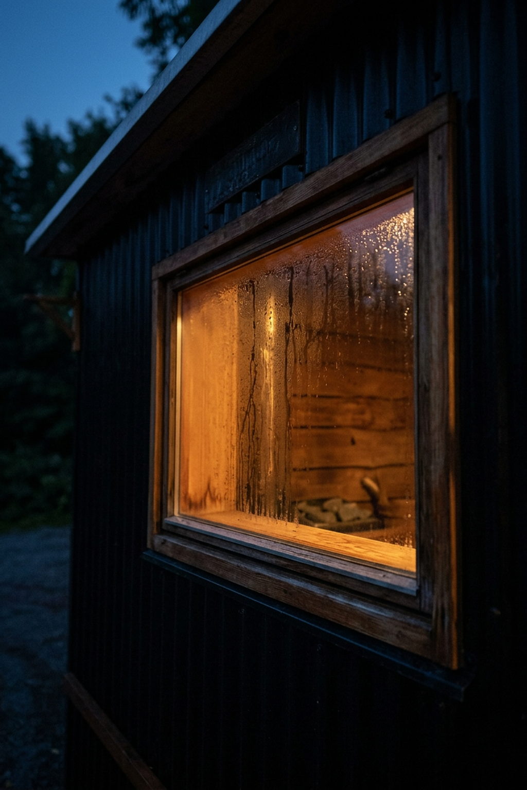 Saunaens træindrammede vindue set udefra om aftenen — dug på ruden og varmt lys fra træbeklædningen indenfor